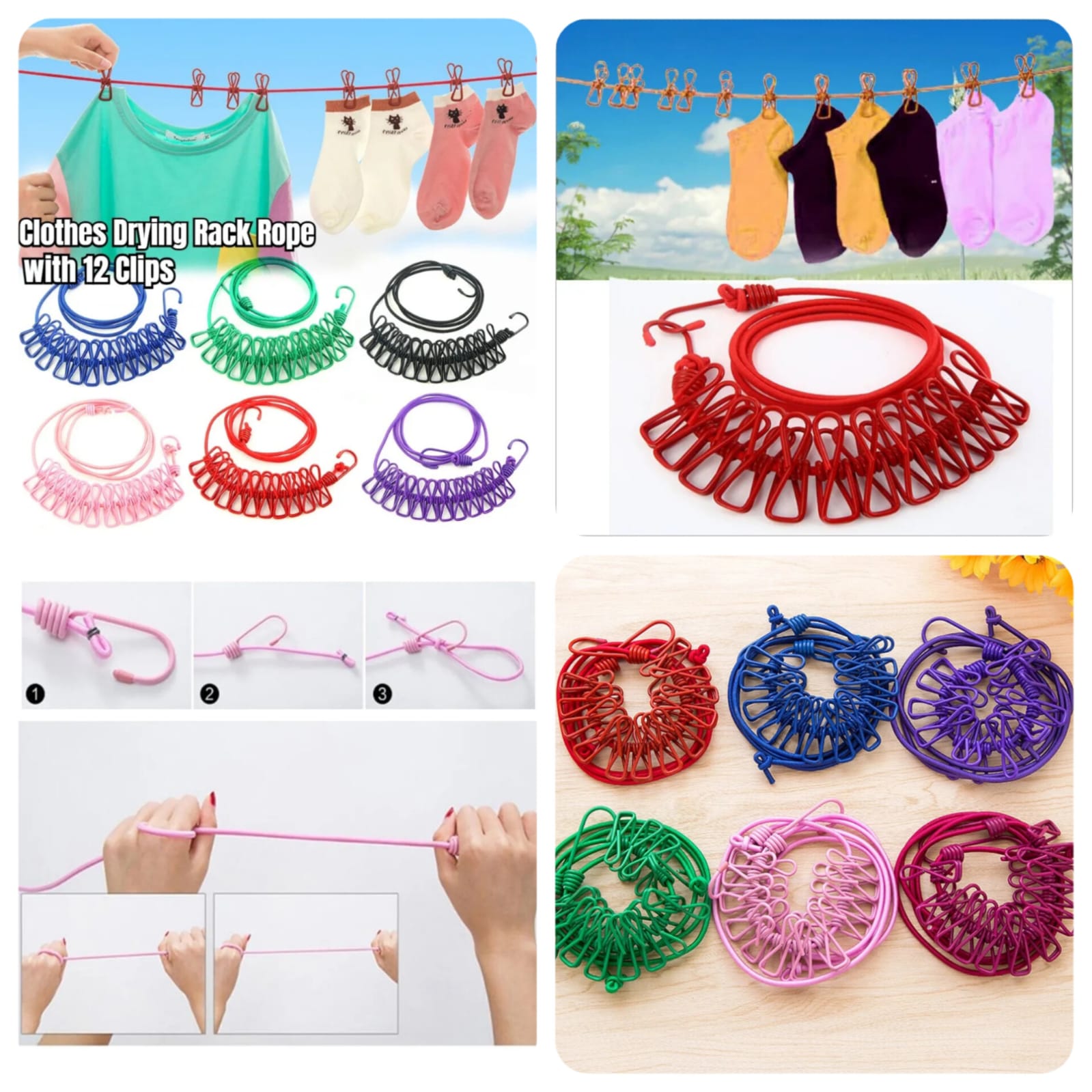 12Clips With Clothes Drying Rope (Random Colours) Main image