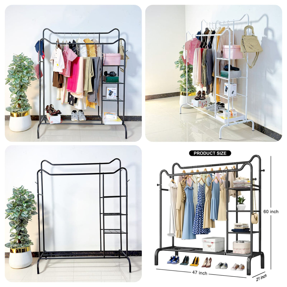 Space Saving Metal Clothes Stand (D) With Side Storge Shelves & Hooks Main image
